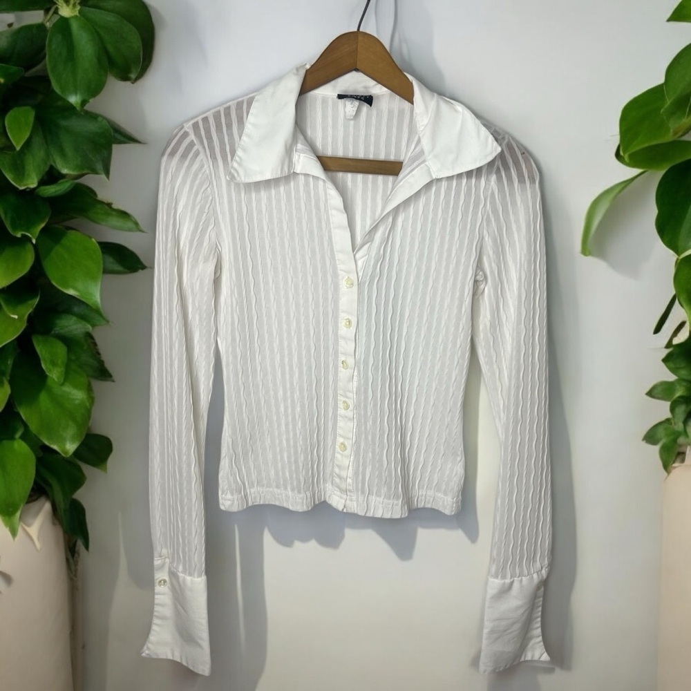 90s Vintage Anxiety Cafe Textured Collard V Neck Button Down Blouse